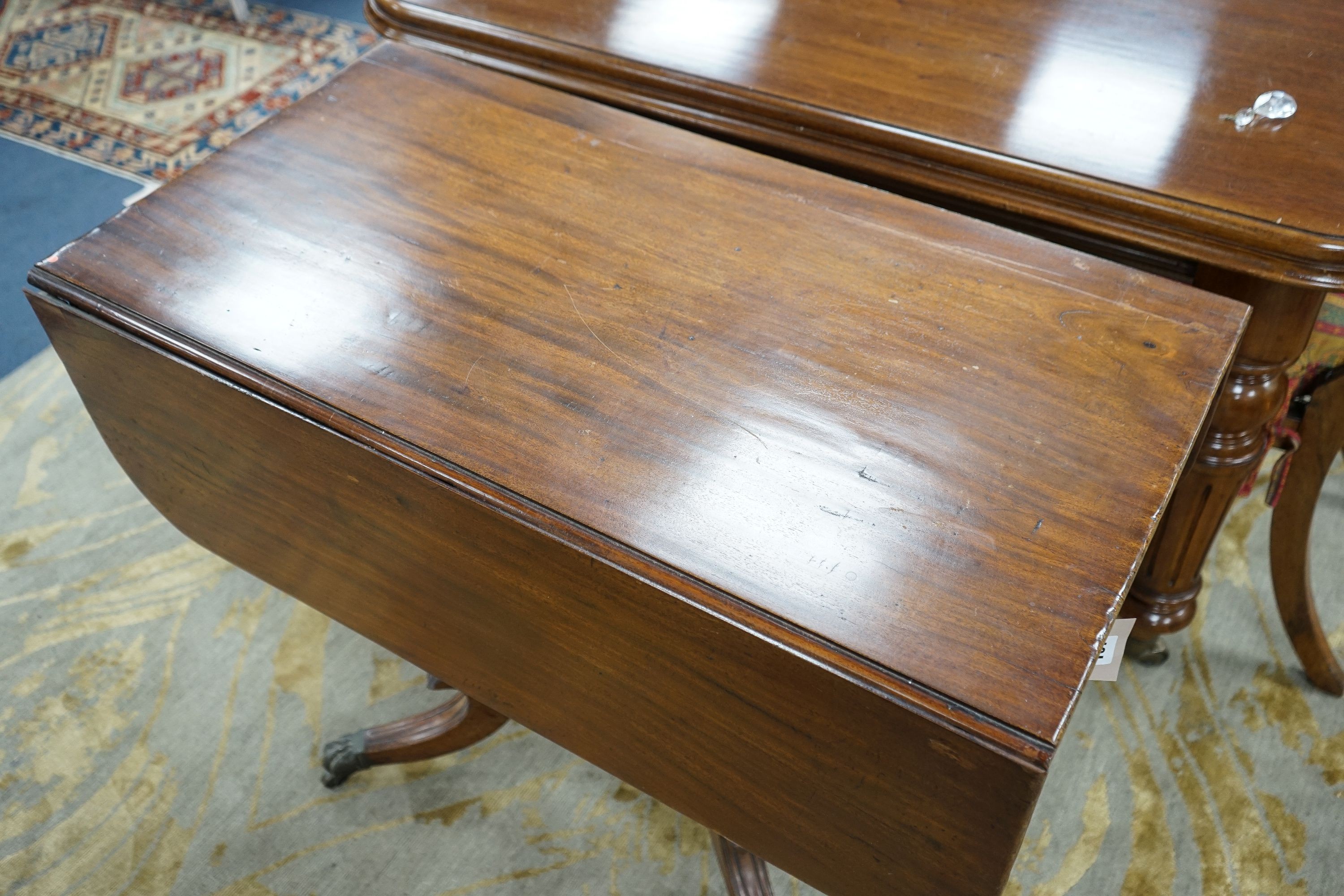 A Regency mahogany drop flap Pembroke breakfast table, width 90cm, depth 49cm, height 72cm